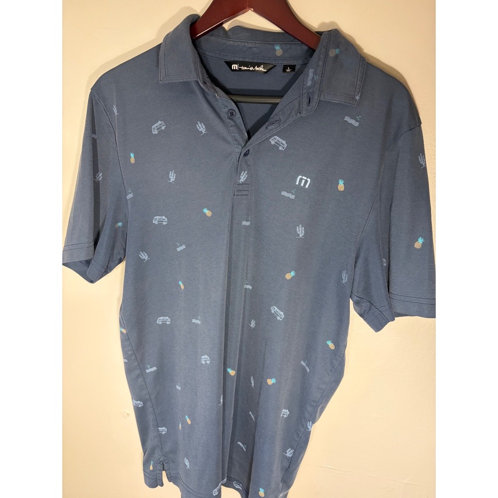 TravisMathew Mens Polo Shirt Blue Grey Pineapple Cactus Camper Print Golf Large